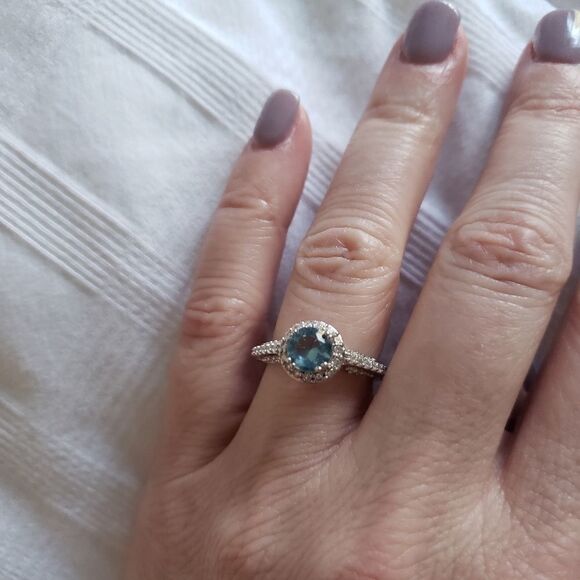 Blue Cubic Zirconia & Sterling Silver Halo Ring - Picture 2 of 2